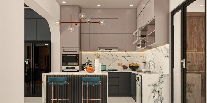 THIẾT KẾ & THI CÔNG TRỌN GÓI NHÀ PHỐ 458M2 - ANH HUY 31 Anh 3D thiet ke thi cong noi that nha pho MrHuy phong bep1 711x400 2