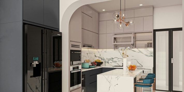 THIẾT KẾ & THI CÔNG TRỌN GÓI NHÀ PHỐ 458M2 - ANH HUY 33 Anh 3D thiet ke thi cong noi that nha pho MrHuy phong bep3 711x400 2