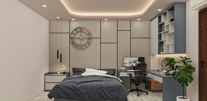 THIẾT KẾ & THI CÔNG TRỌN GÓI NHÀ PHỐ 458M2 - ANH HUY 42 Anh 3D thiet ke thi cong noi that nha pho MrHuy phong ngu2 1 727x400 2
