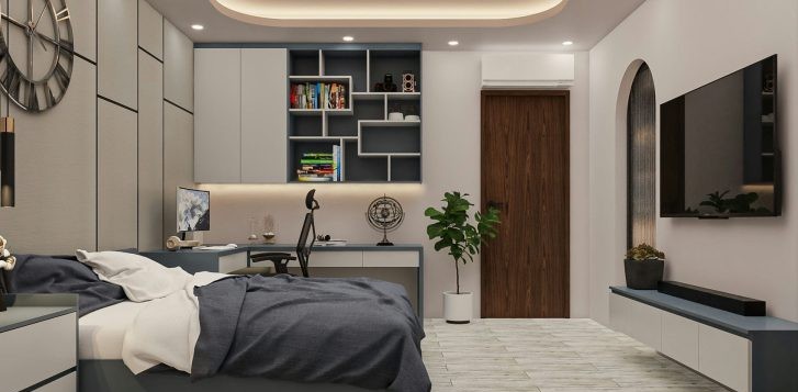 THIẾT KẾ & THI CÔNG TRỌN GÓI NHÀ PHỐ 458M2 - ANH HUY 41 Anh 3D thiet ke thi cong noi that nha pho MrHuy phong ngu2 2 727x400 2