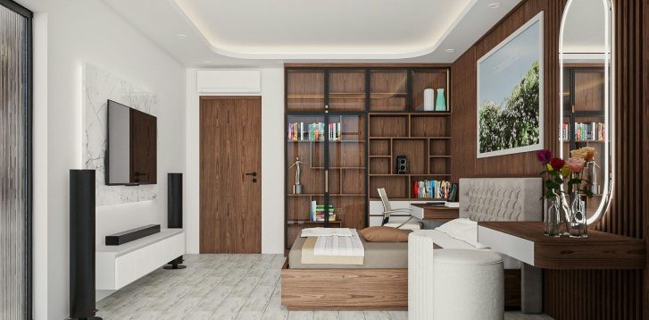 THIẾT KẾ & THI CÔNG TRỌN GÓI NHÀ PHỐ 458M2 - ANH HUY 45 Anh 3D thiet ke thi cong noi that nha pho MrHuy phong ngu3 2 727x400 2