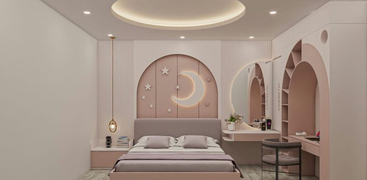 THIẾT KẾ & THI CÔNG TRỌN GÓI NHÀ PHỐ 458M2 - ANH HUY 51 Anh 3D thiet ke thi cong noi that nha pho MrHuy phong ngu4 1 727x400 2